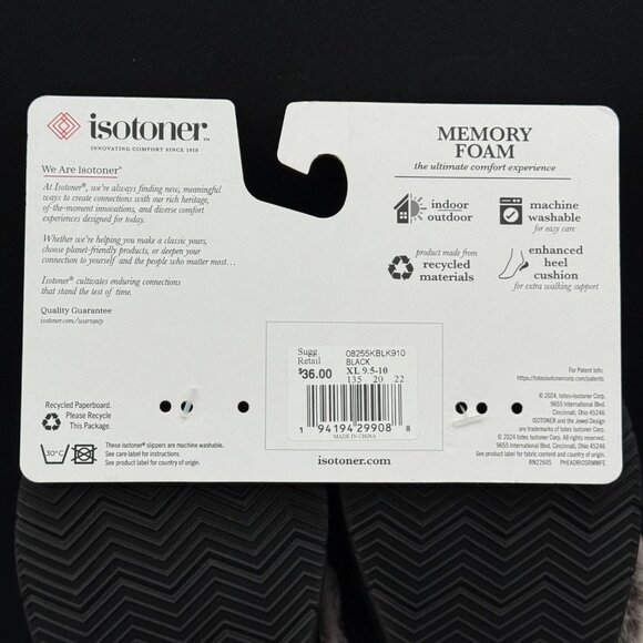 Isotoner Womens Memory Foam Slippers XL 9.5-10 Black Gray Faux Fur Collar - Picture 5 of 5